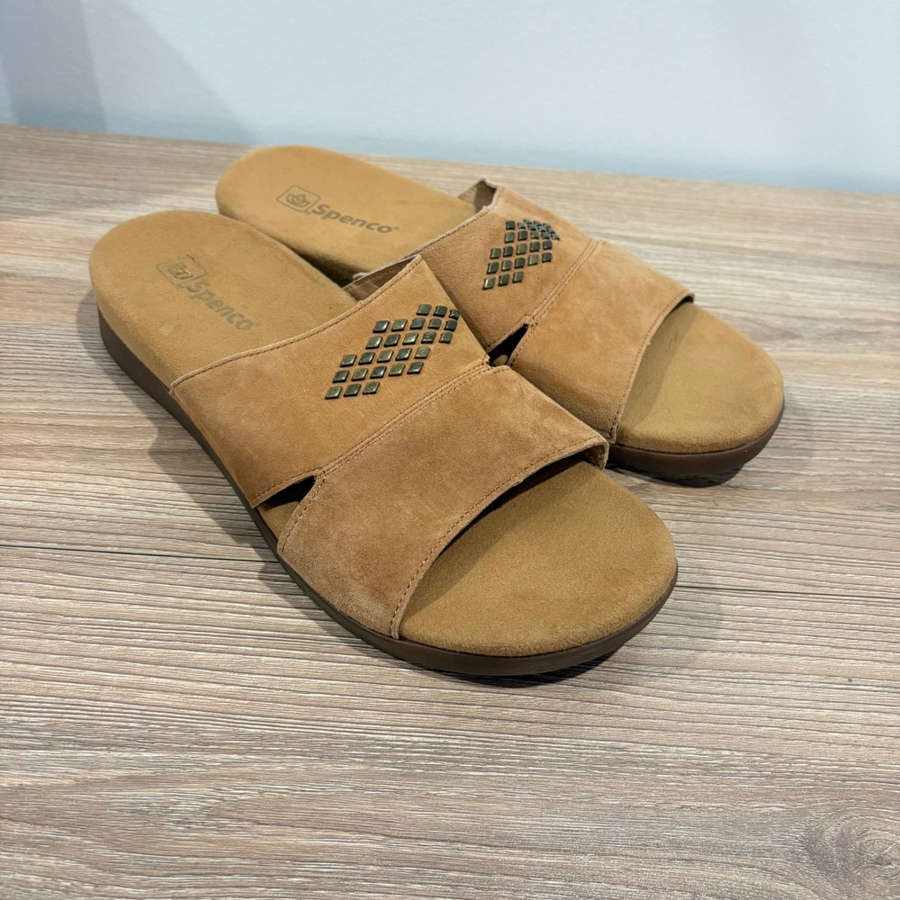 Spenco Orthotic Stud Twilight Slide Sandals Women Tan 11 Leather Comfort Shoes